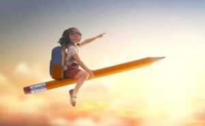 Little girl flying back to school on a magic pencil